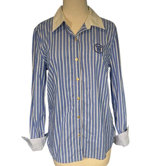 Vintage Tommy Hilfiger Blue & White Stripe Size Large Preppy Cotton Blend - Picture 1 of 14